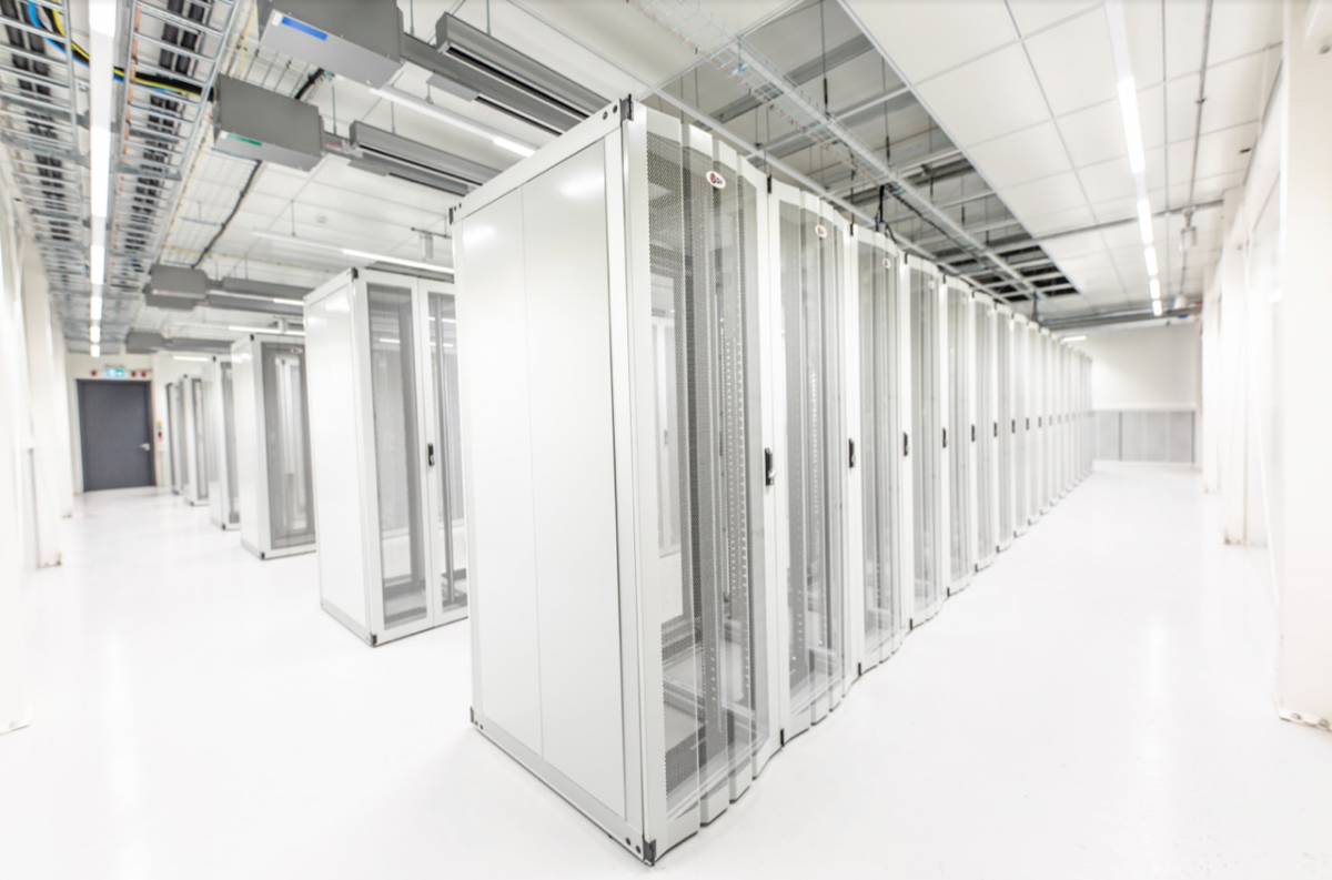 Server cabinets inside a Verne data hall